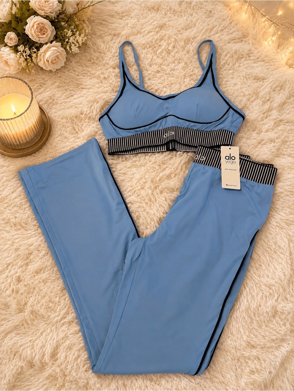 ALO Yoga Light Blue Strappy Sports Bra and Leggings Set